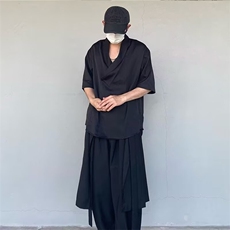山本耀司风短袖衬衫男夏季新款居家茶服发型师潮牌垂感v领上衣潮，男装T恤，星座506A