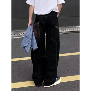 美式高街蛇纹大口袋牛仔裤男秋季vibe潮牌水洗宽松休闲阔腿弯刀裤图片