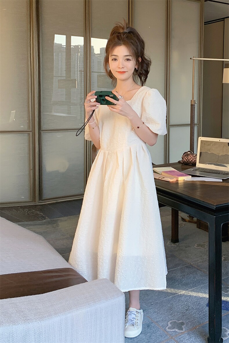 茶歇法式泡泡袖白色方领连衣裙女夏2025新款初恋仙女高端提花长裙,女装连衣裙,2C201