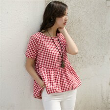 棉麻甜美圆领2025年夏季文艺短袖T恤经典格子休闲宽松娃娃衫，女装T恤，风姿绰