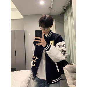 潮牌毛巾绣美式字母棒球服街头夹棉加厚夹克外套 M05图片