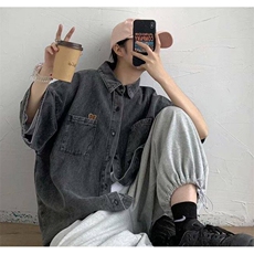 小熊短袖牛仔衬衫潮牌港风日系小众设计感休闲宽松半袖外套CS1325，男装衬衫，星座601-1