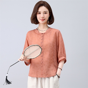 纯苎麻刺绣衬衫女夏季2025新款中年妈妈宽松洋气休闲减龄半袖上衣图片