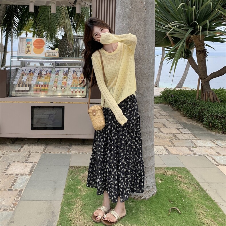 韩系慵懒风减龄针织衫套装裙女法式复古碎花半身裙两件套,女装套装/套裙,2C166