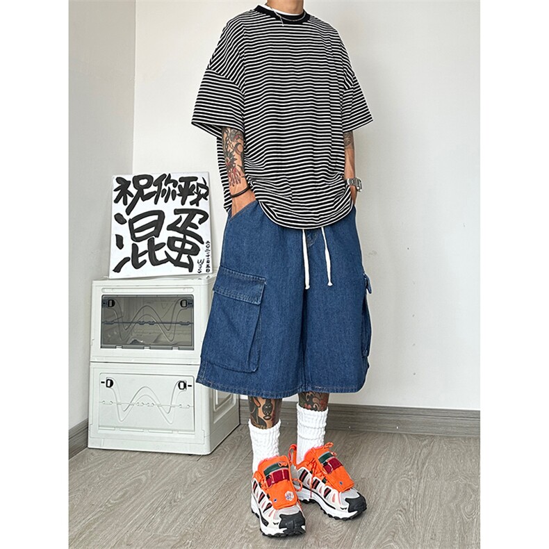 美式复古七分工装牛仔短裤日系cityboy廓形大码oversize,男装牛仔裤,星座310A-4