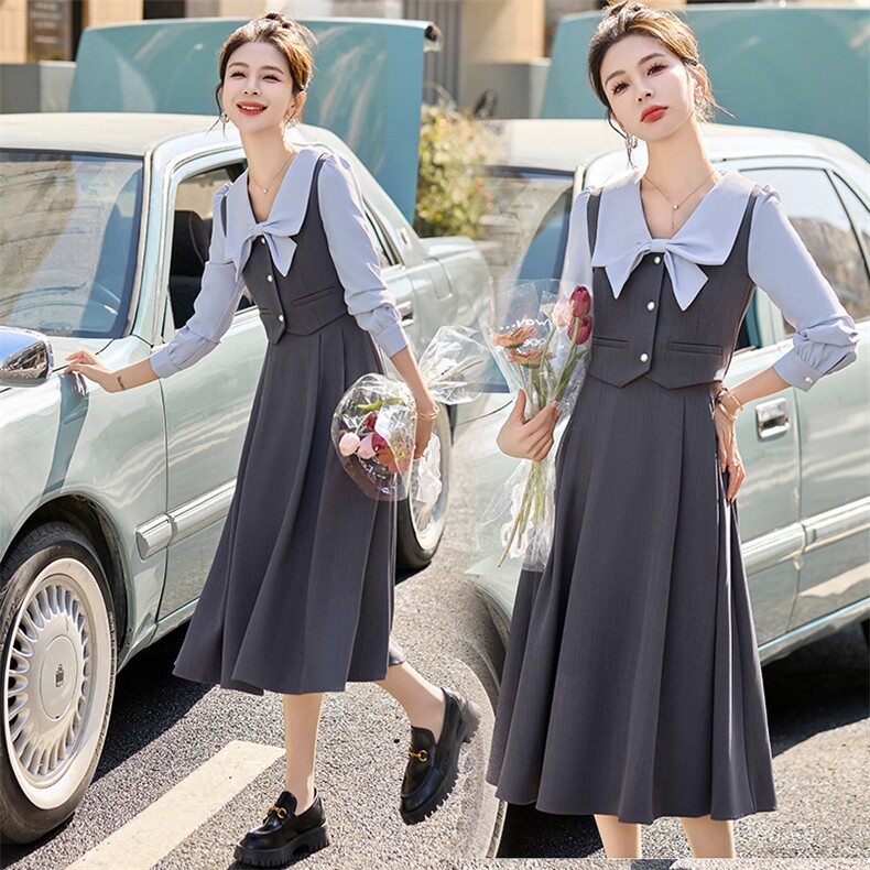 撞色假两件衬衫连衣裙女2024春季新款学院风气质减龄收腰A字裙子，女装连衣裙，雅佳俏