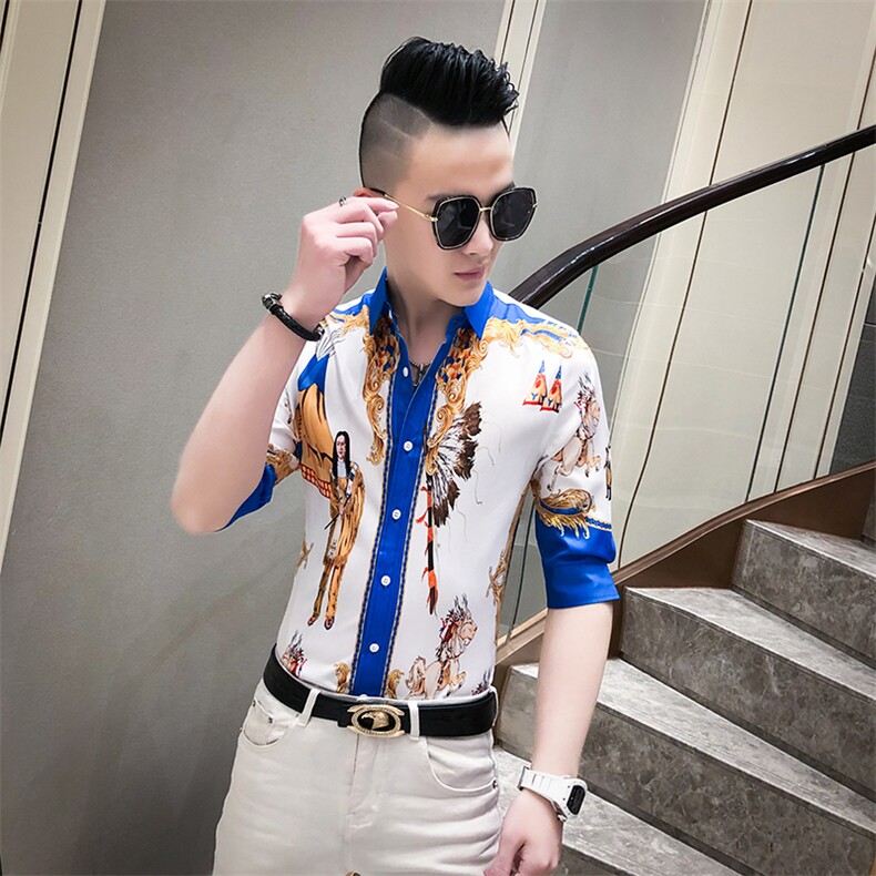 20春夏新款社会男潮流衬衫个性印花中袖夜店男衬衣A068-D590-P55,男装衬衫,星座419（原A233）