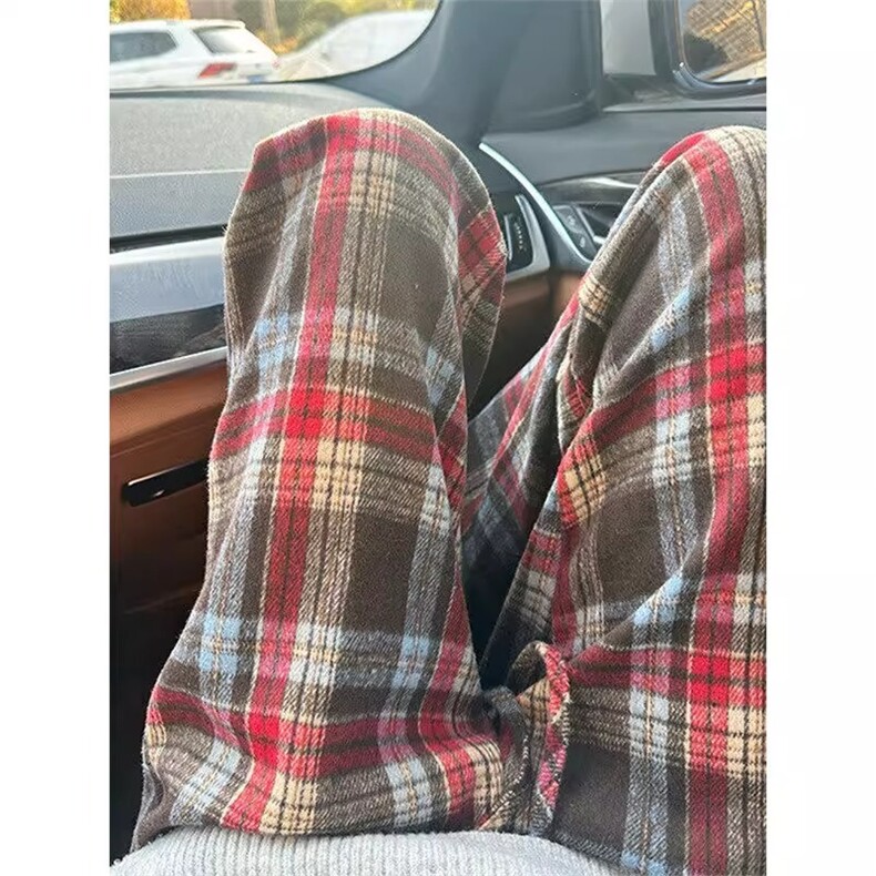 美式复古酒红色毛呢格子裤男款秋冬重磅卫裤宽松直筒休闲裤子,男装休闲裤,星座1210-1