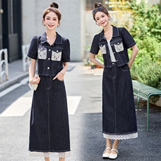 2025夏季新款时尚气质蕾丝拼接牛仔复古洋气套装裙，女装套装/套裙，妙形