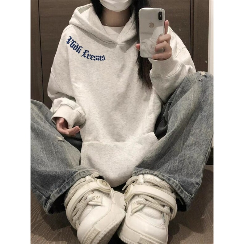 CX221-P47美式潮牌灰色连帽卫衣女秋冬季新款加绒加厚宽松慵懒，男装卫衣，电商B323A