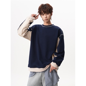 6XL-M 美式拼接撞色圆领卫衣男痞帅套头上衣外套 WY48-P60 380g图片