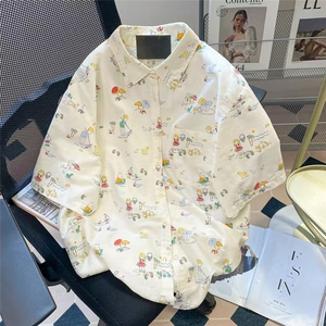 H0822-P45日系软妹小众高级感童趣涂鸦印花宽松百搭短袖衬衫女图片
