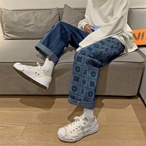 新款牛仔裤港味潮流百搭痞帅直筒宽松拼接老爹裤潮牌阔腿765-p45图片