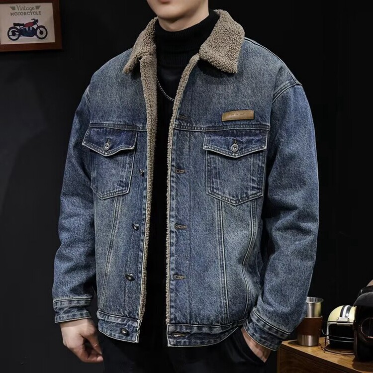 冬季翻领仿羊羔绒棉衣外套男2025新款加厚保暖工装牛仔夹克棉服潮,男装夹克,星座218-8