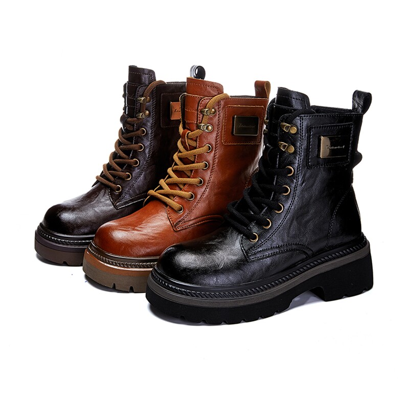 真皮英伦风马丁靴女2024冬季新款显瘦复古女靴厚底增高女士短靴女，女鞋马丁靴，电商A223