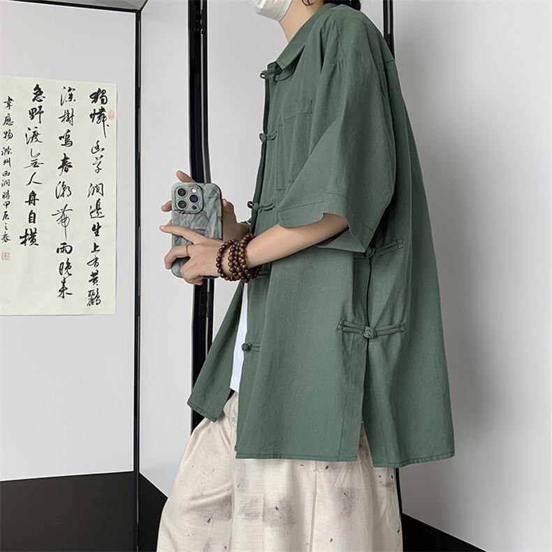 现货CS7122-P45特控78大码凉爽新中式侧面开衩盘扣复古衬衫外套,男装衬衫,电商D232