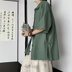 现货CS7122-P45特控78大码凉爽新中式侧面开衩盘扣复古衬衫外套，男装衬衫，电商D232