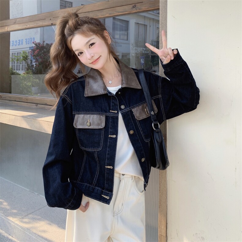 深蓝色复古PU皮翻领拼接牛仔外套女2025秋小个子气质休闲短款夹克图片