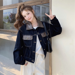 深蓝色复古PU皮翻领拼接牛仔外套女2025秋小个子气质休闲短款夹克图片