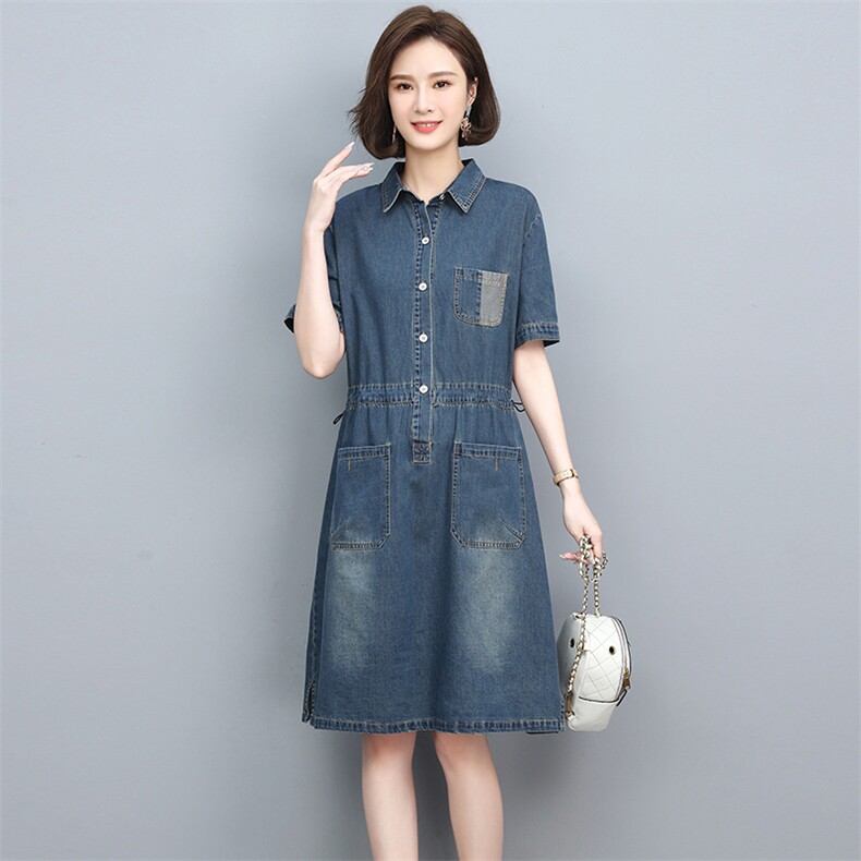 2022夏季新款时尚气质翻领收腰显瘦休闲舒适牛仔连衣裙,女装牛仔裙,忆绮罗