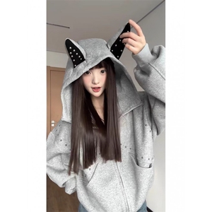 秋冬季美式兔耳连帽卫衣柳钉重磅潮牌加厚设计感情侣外套W29P58图片