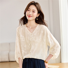 2026春秋季苎麻时尚简约大方气质优雅刺绣休闲透气衬衫，女装衬衫，独衣靓