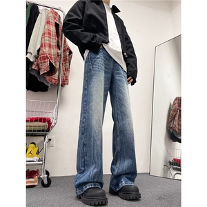 美式牛仔裤男水洗蓝色潮牌高街微喇牛仔裤子 1001-1-N039-P48图片