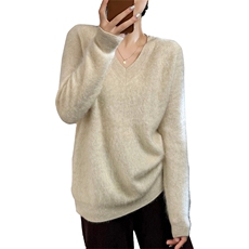 2024新款。百分百羊绒拉绒大V领羊绒衫中长宽松大版针织毛衣，女装羊绒衫，仟禧羊绒