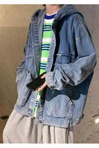 港风秋冬季新款外套宽松韩版上衣 休闲连帽牛仔夹克男JK213/P65图片