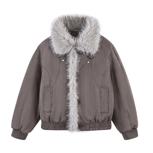 现货重磅硬挺boxy羽绒棉衣座山雕大毛毛领洗水麂皮棉服冬外套图片