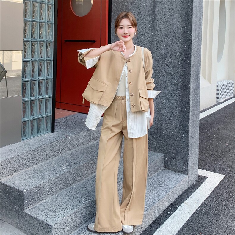 条纹拼接假两件外套直筒裤两件套2025秋季新款韩系卡其色淡人套装,女装套装/套裙,2C201