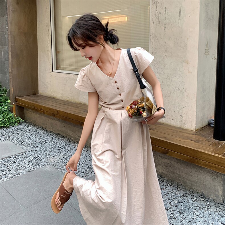 法式粉色V领连衣裙女2025夏季新款轻熟风修身显瘦中长款衬衫裙子,女装连衣裙,维壹
