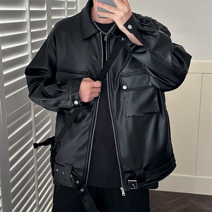 现货-潮牌工装皮夹克男时尚宽松皮衣帅气潮流机车服-AP23092-P110图片
