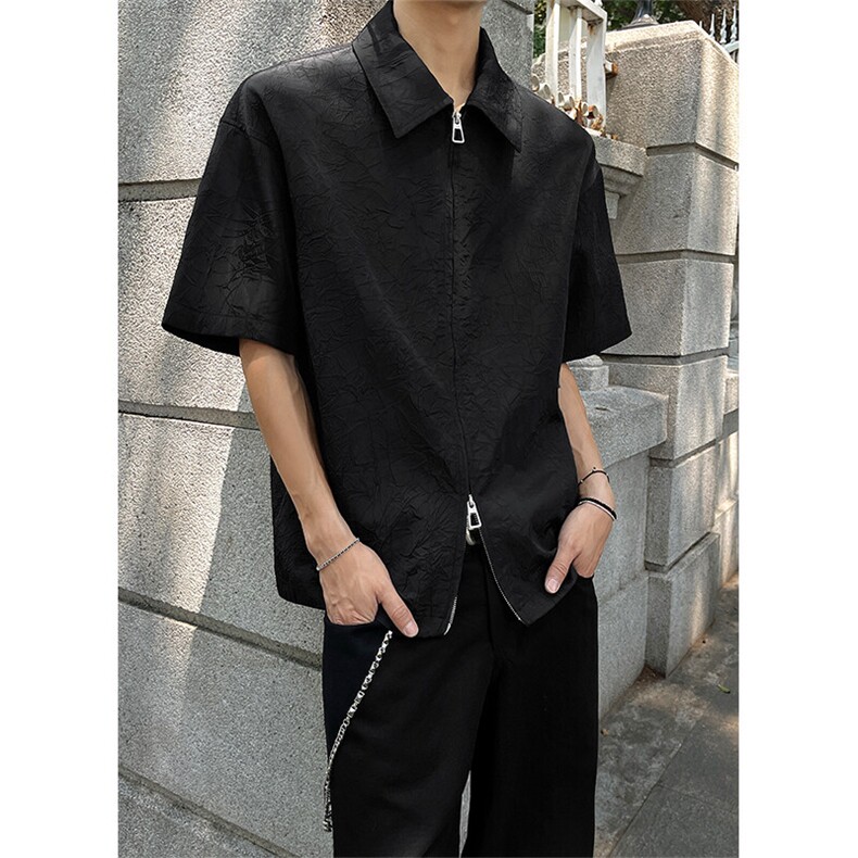 CS6018-P35控58夏季特殊压皱设计拉链短袖衬衫男,男装衬衫,电商A058-1（原电商C417）