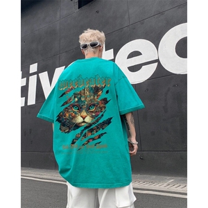 美式水洗纯棉短袖T恤男款夏季潮牌猫咪印花蜡染宽松情侣半袖体恤图片