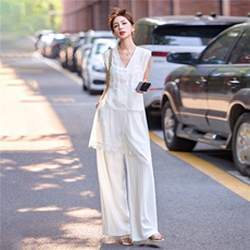 时尚气质套装女2025夏季新款设计感网纱拼接V领马甲阔腿裤两件套，女装套装/套裙，尚娜萱