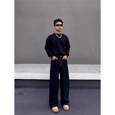 BLACKAT美式复古围巾拼接格纹丹宁牛仔裤男cleanfit直筒宽松长裤，男装牛仔裤，四季星座505