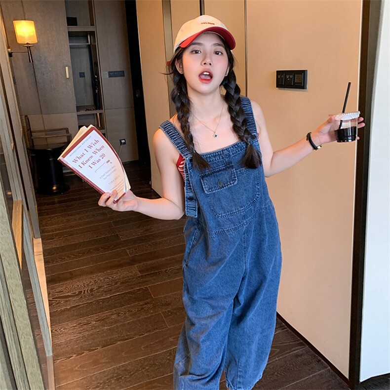 小个子设计感减龄牛仔背带裤休闲宽松显瘦哈伦阔腿束脚九分连体裤，女装连体裤，一九零