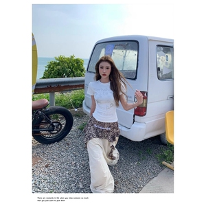 2025新款美式复古豹纹拼接褶皱伞兵裤女辣妹跳舞叠穿假两件裤子图片