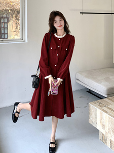 赫本风红色订婚小香风连衣裙女2025春季新款收腰显瘦长袖气质裙子图片
