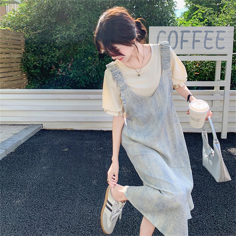 短袖夏季翻领中长裙宽松腰连衣裙法式宽松牛仔辣妈图片