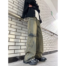 牛仔裤男款夏季美式高街vibe宽松直筒阔腿裤休闲长裤N806-P53，男装牛仔裤，星座308B-1
