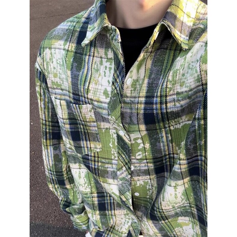 美式复古扎染衬衫男秋季小众高级感格子衬衣oversize大码情侣外套图片