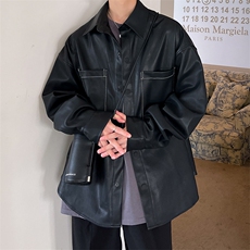 秋季港风纯色休闲男宽松PU皮衣夹克衬衫外套A071-C28-P75，男装夹克，电商A071