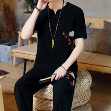 风男宽松棉麻潮流复古两件套短袖套装2021夏季新款TZ025，男装T恤，星座509