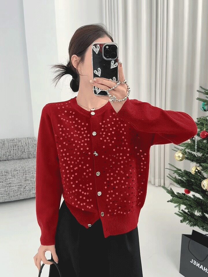 2025年秋季时尚不对提前简约休闲新年红亮片开衫，女装针织衫/毛衣，锦弘羊绒