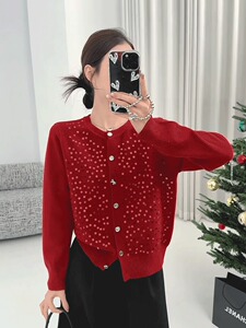 2025年秋季时尚不对提前简约休闲新年红亮片开衫，女装针织衫/毛衣，锦弘羊绒