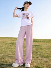 港风休闲运动套装女夏季新款爱心白色圆领短袖T恤粉色长裤两件套，女装套装/套裙，江南