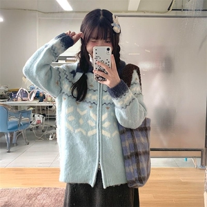 可爱少女费尔岛提花毛衣外套女秋冬季宽松慵懒风针织开衫潮