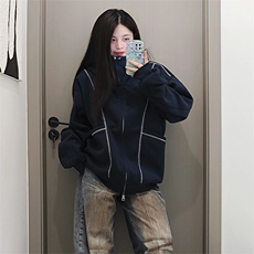 抖音得物高品质秋冬美式高街重磅结构辑明线纹理连帽卫衣外套W111，女装短外套，电商A486-1